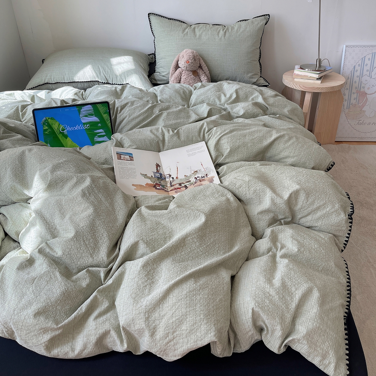 91家纺网 家纺一手货源 找家纺 凯洛奇 2026新款色织阳离子贝壳边四件套 阳离子-青禾