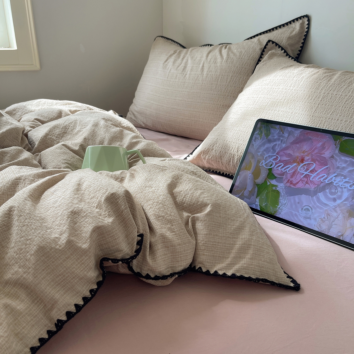 91家纺网 家纺一手货源 找家纺 凯洛奇 2026新款色织阳离子贝壳边四件套 阳离子-奶咖