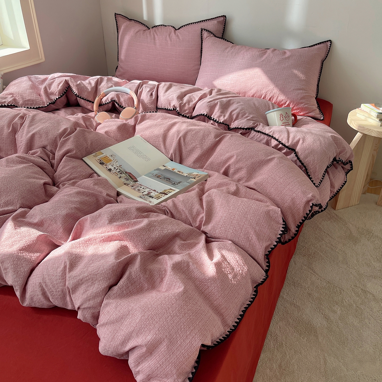 91家纺网 家纺一手货源 找家纺 凯洛奇 2026新款色织阳离子贝壳边四件套 阳离子-桃粉