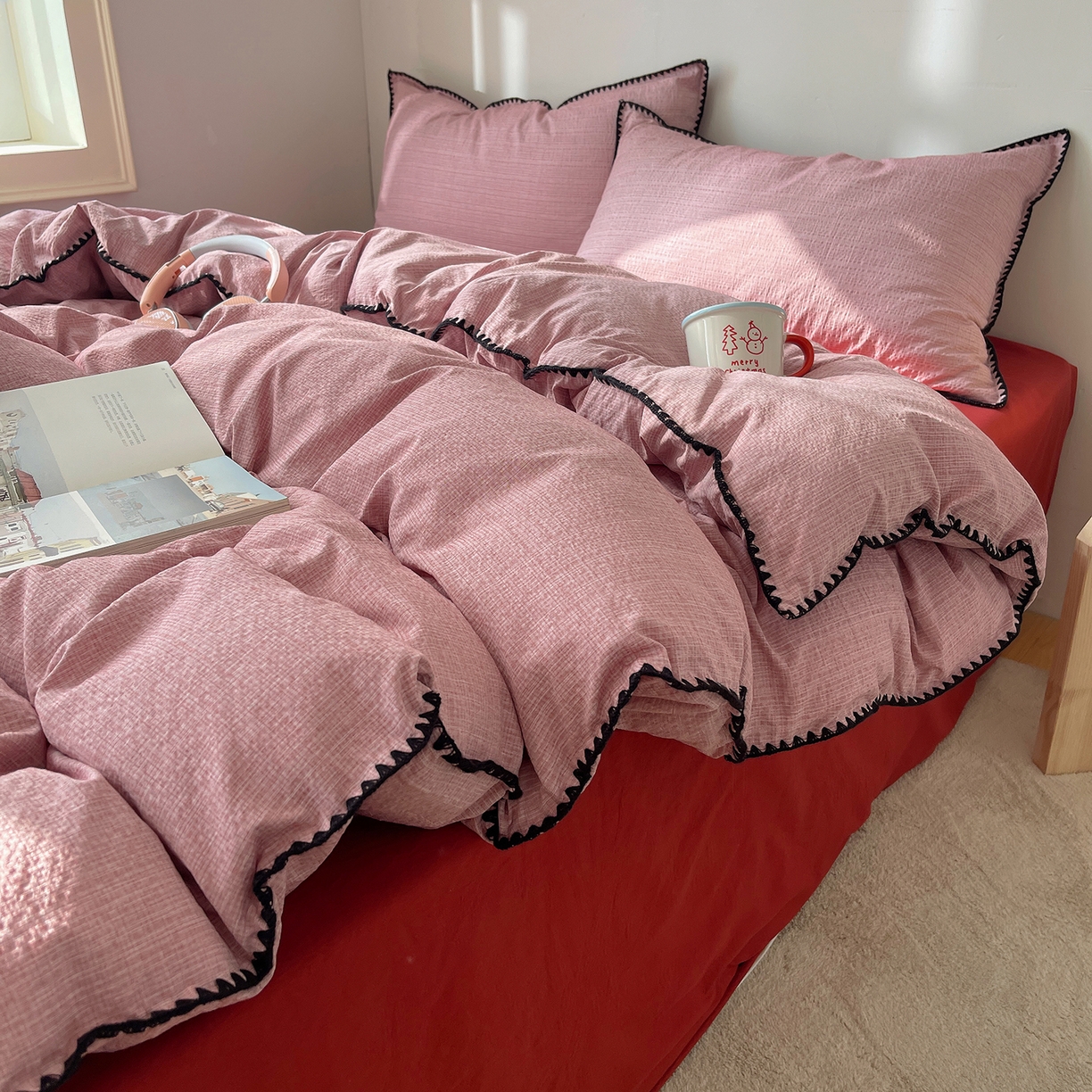 91家纺网 家纺一手货源 找家纺 凯洛奇 2026新款色织阳离子贝壳边四件套 阳离子-桃粉