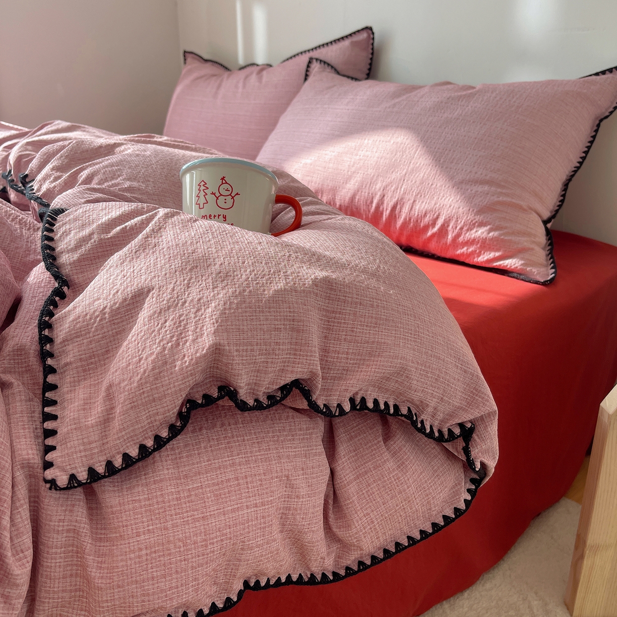 91家纺网 家纺一手货源 找家纺 凯洛奇 2026新款色织阳离子贝壳边四件套 阳离子-桃粉