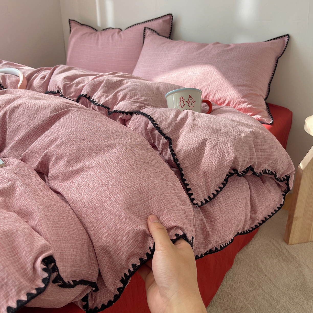 91家纺网 家纺一手货源 找家纺 凯洛奇 2026新款色织阳离子贝壳边四件套 阳离子-桃粉