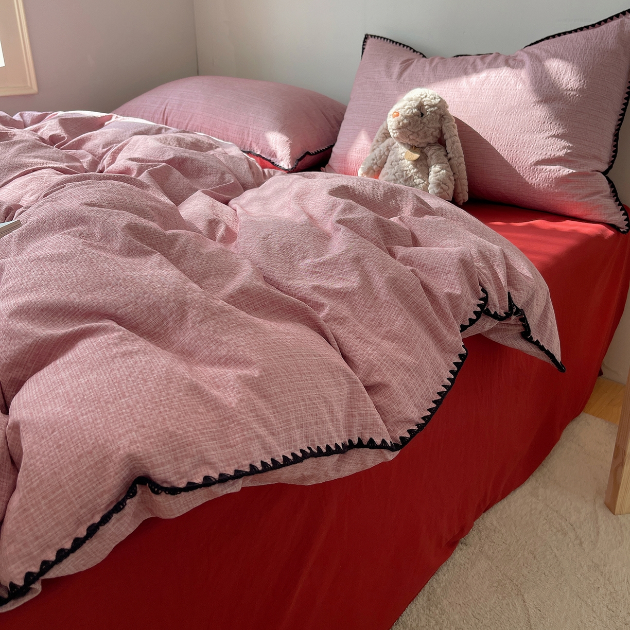 91家纺网 家纺一手货源 找家纺 凯洛奇 2026新款色织阳离子贝壳边四件套 阳离子-桃粉