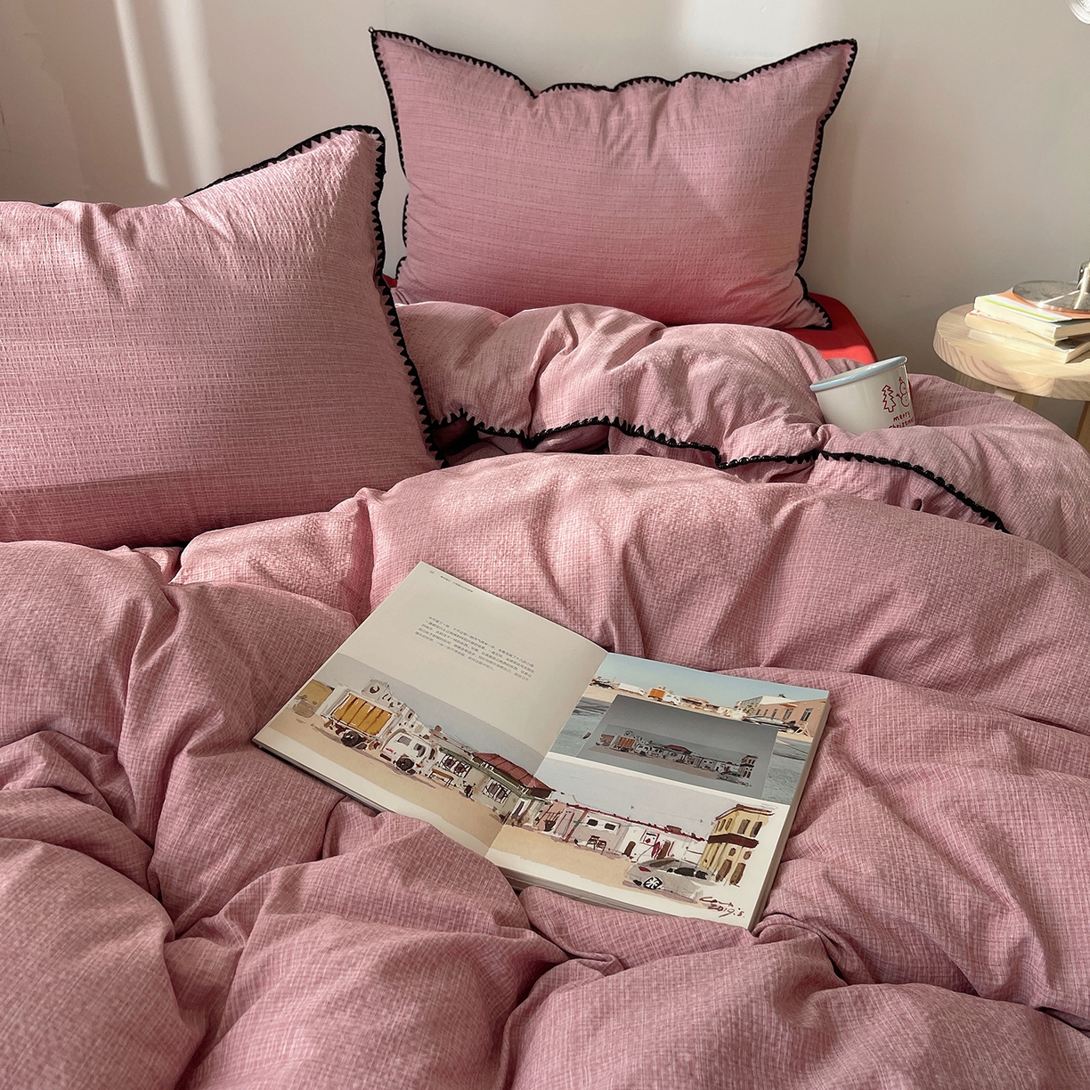 91家纺网 家纺一手货源 找家纺 凯洛奇 2026新款色织阳离子贝壳边四件套 阳离子-桃粉