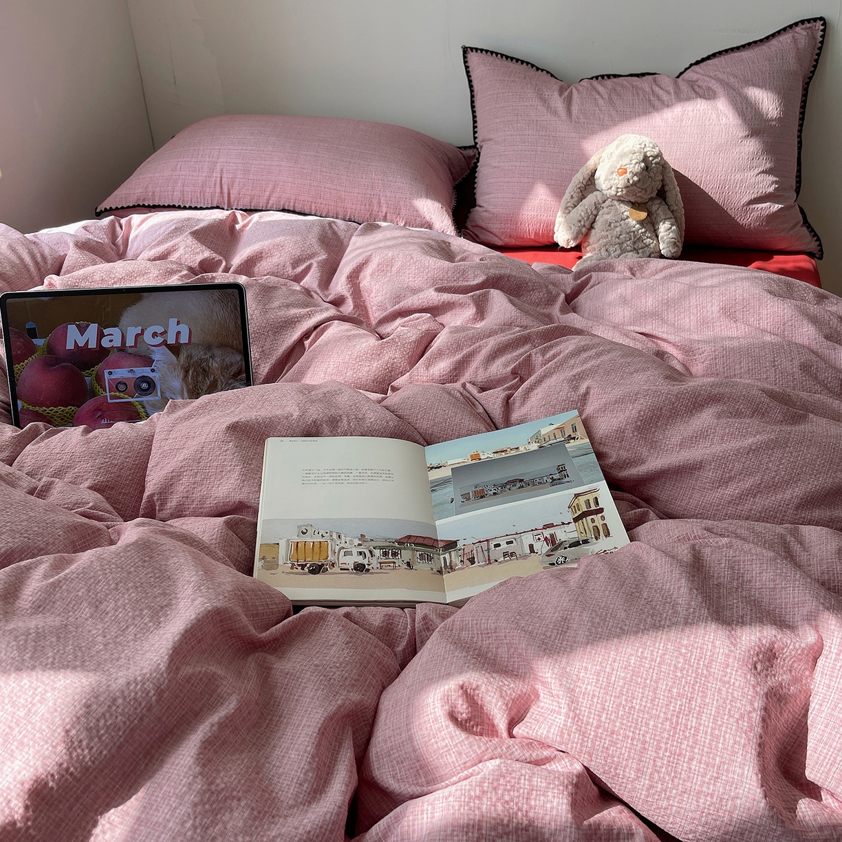 91家纺网 家纺一手货源 找家纺 凯洛奇 2026新款色织阳离子贝壳边四件套 阳离子-桃粉