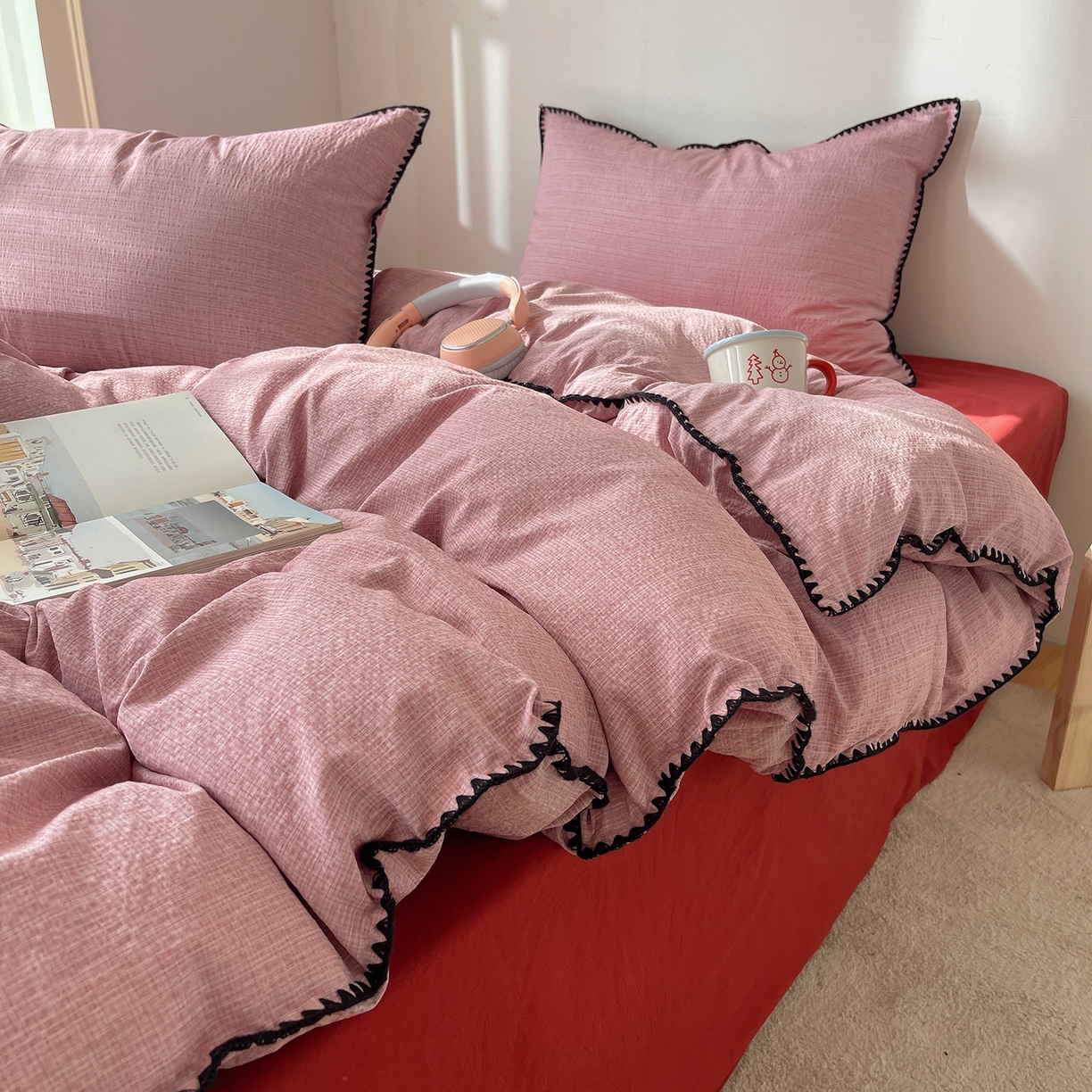 91家纺网 家纺一手货源 找家纺 凯洛奇 2026新款色织阳离子贝壳边四件套 阳离子-桃粉