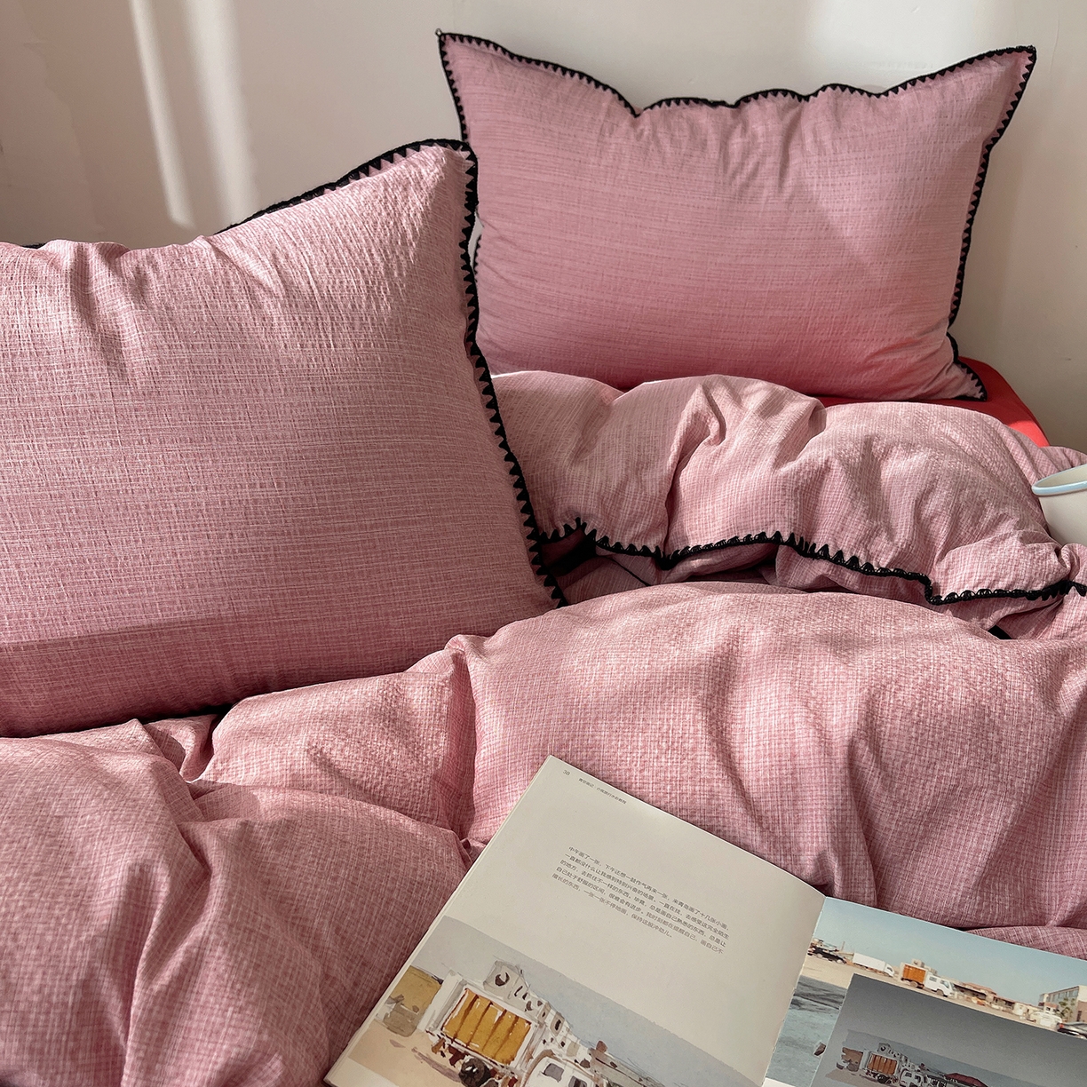 91家纺网 家纺一手货源 找家纺 凯洛奇 2026新款色织阳离子贝壳边四件套 阳离子-桃粉