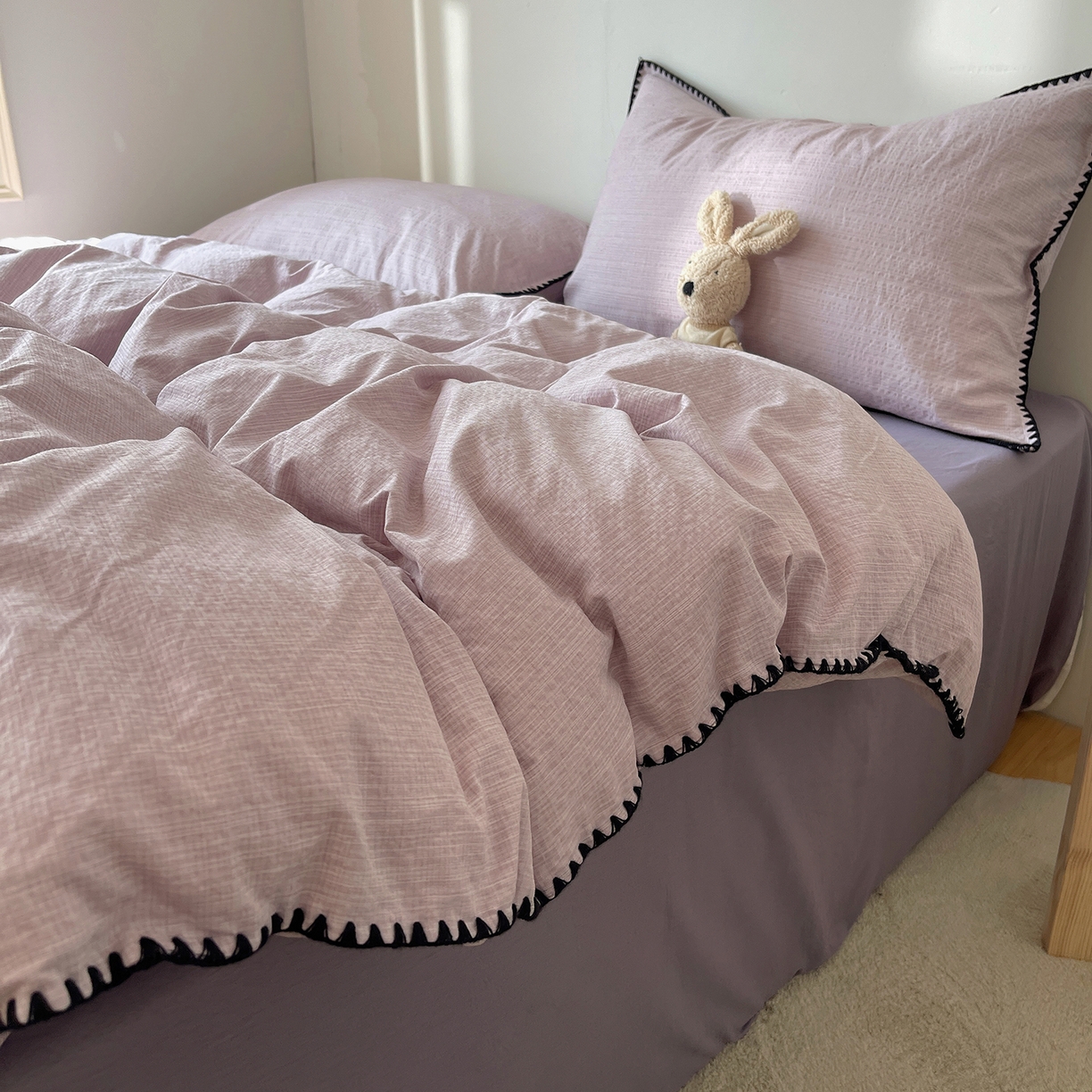 91家纺网 家纺一手货源 找家纺 凯洛奇 2026新款色织阳离子贝壳边四件套 阳离子-烟紫