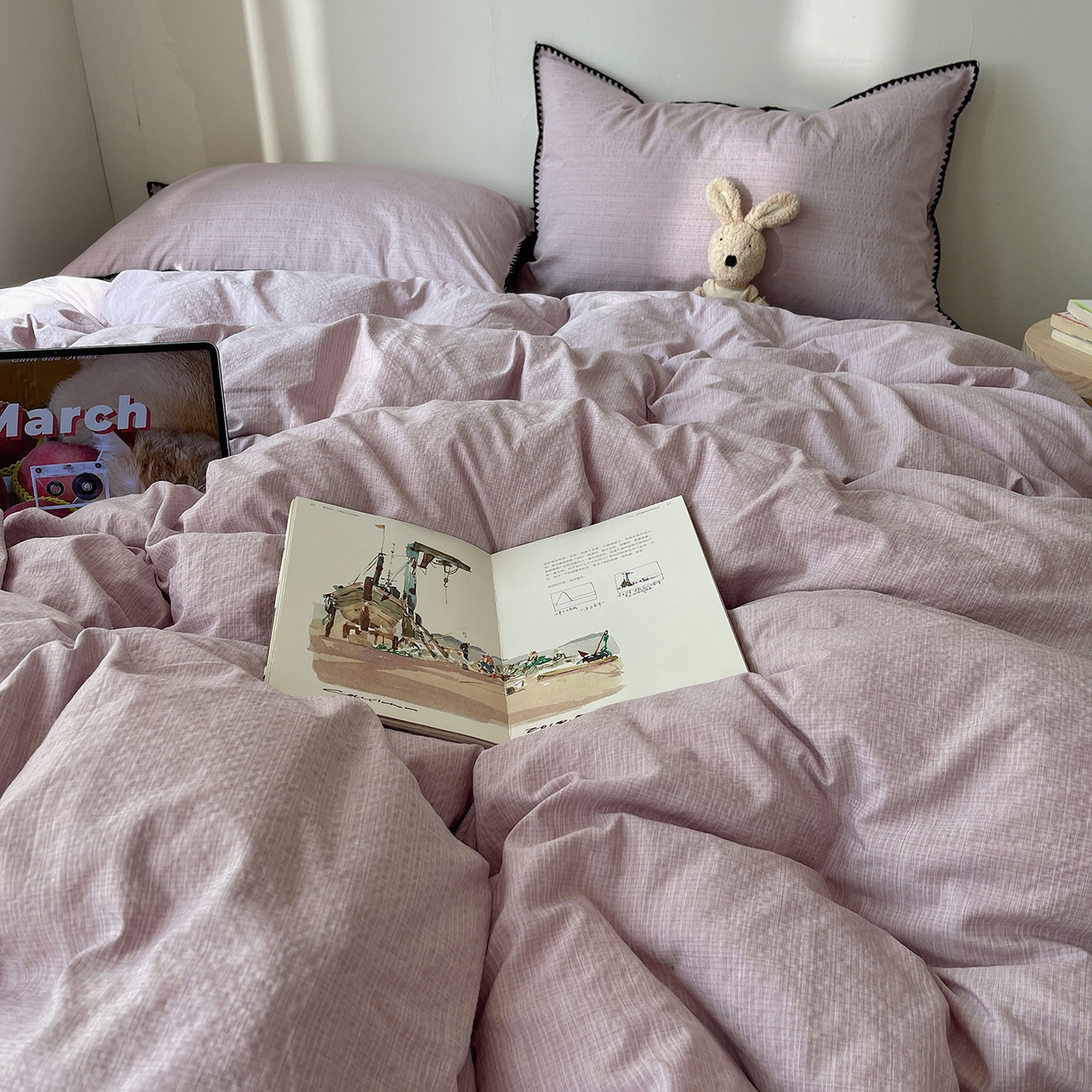 91家纺网 家纺一手货源 找家纺 凯洛奇 2026新款色织阳离子贝壳边四件套 阳离子-烟紫