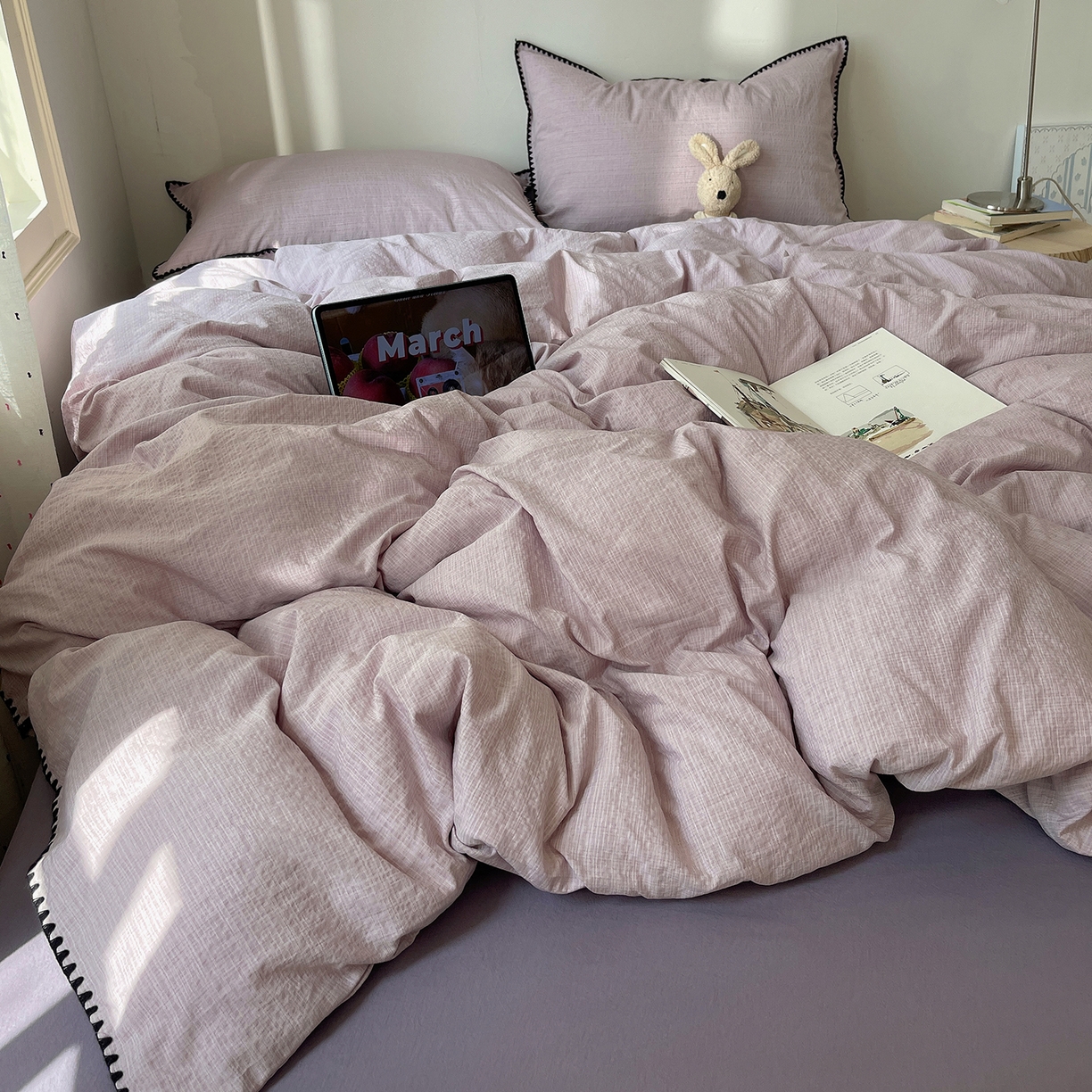 91家纺网 家纺一手货源 找家纺 凯洛奇 2026新款色织阳离子贝壳边四件套 阳离子-烟紫