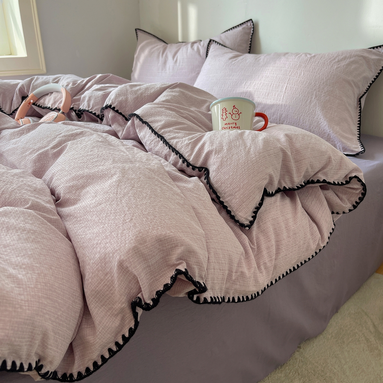 91家纺网 家纺一手货源 找家纺 凯洛奇 2026新款色织阳离子贝壳边四件套 阳离子-烟紫