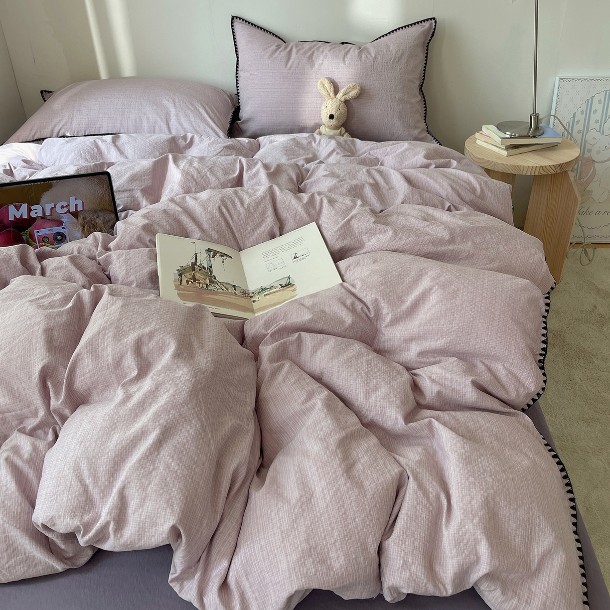 91家纺网 家纺一手货源 找家纺 凯洛奇 2026新款色织阳离子贝壳边四件套 阳离子-烟紫