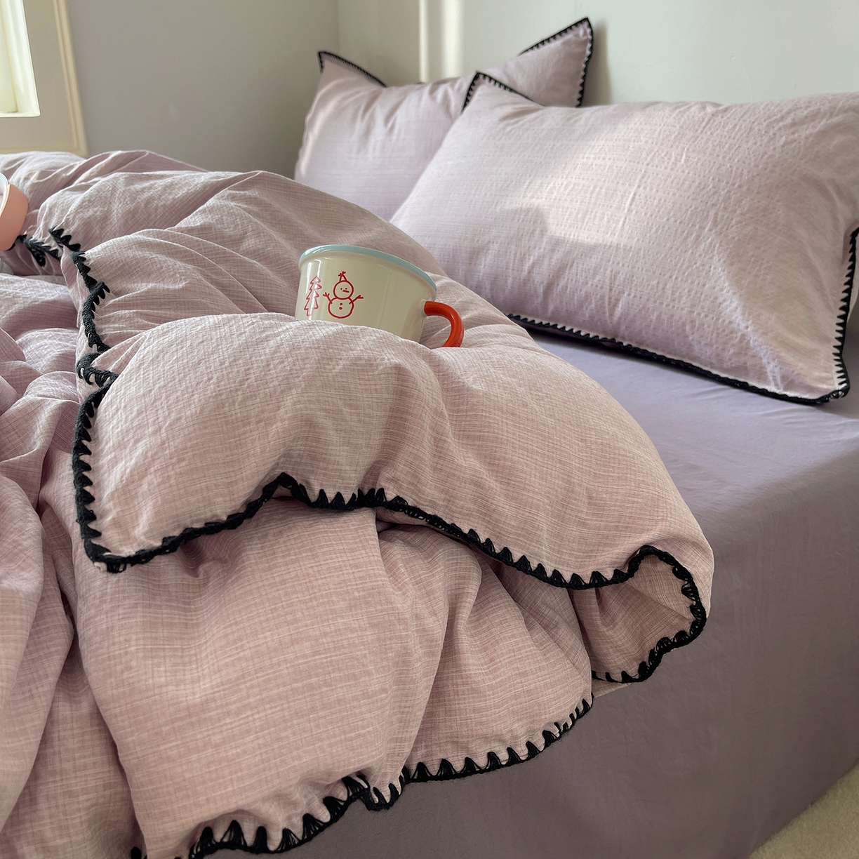 91家纺网 家纺一手货源 找家纺 凯洛奇 2026新款色织阳离子贝壳边四件套 阳离子-烟紫