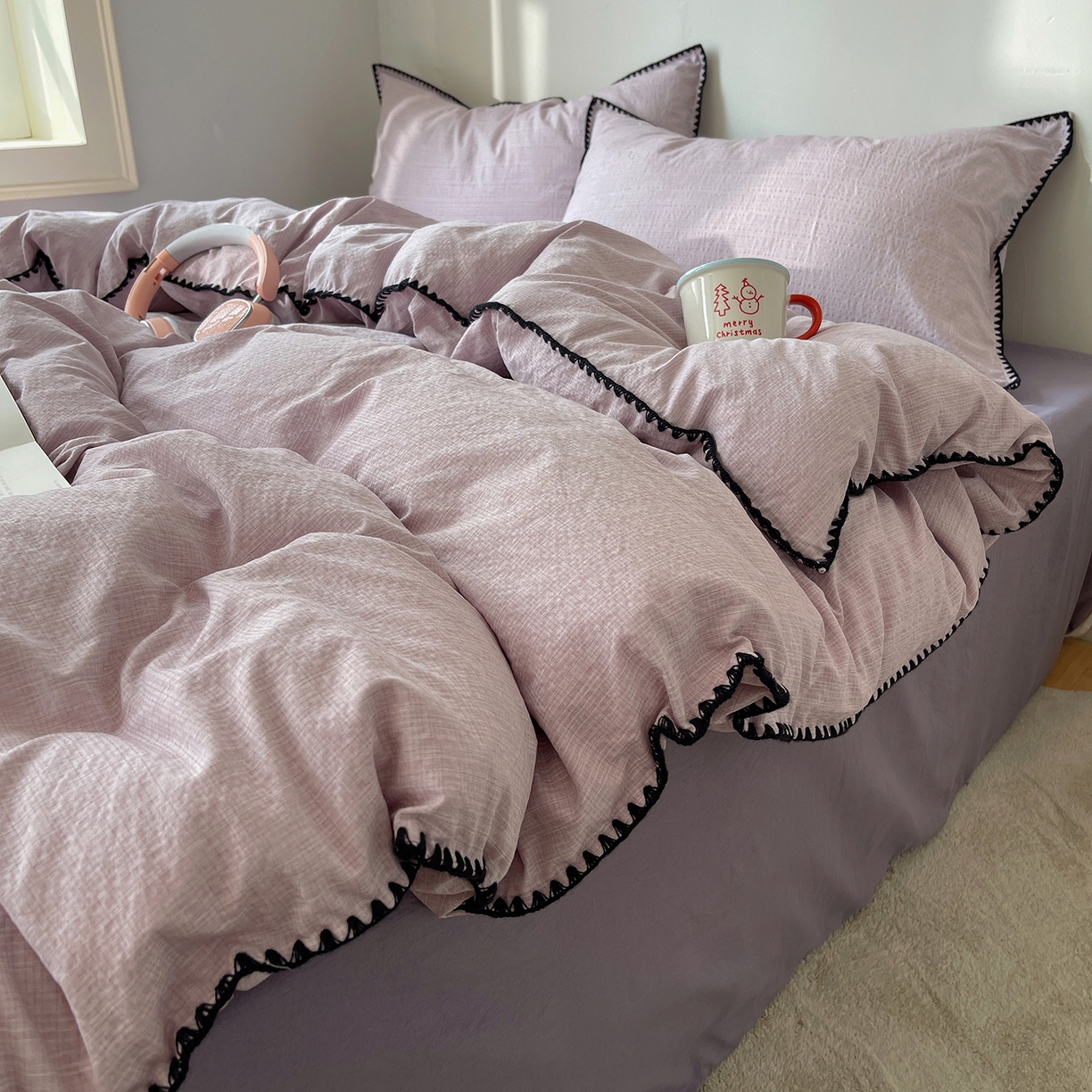 91家纺网 家纺一手货源 找家纺 凯洛奇 2026新款色织阳离子贝壳边四件套 阳离子-烟紫