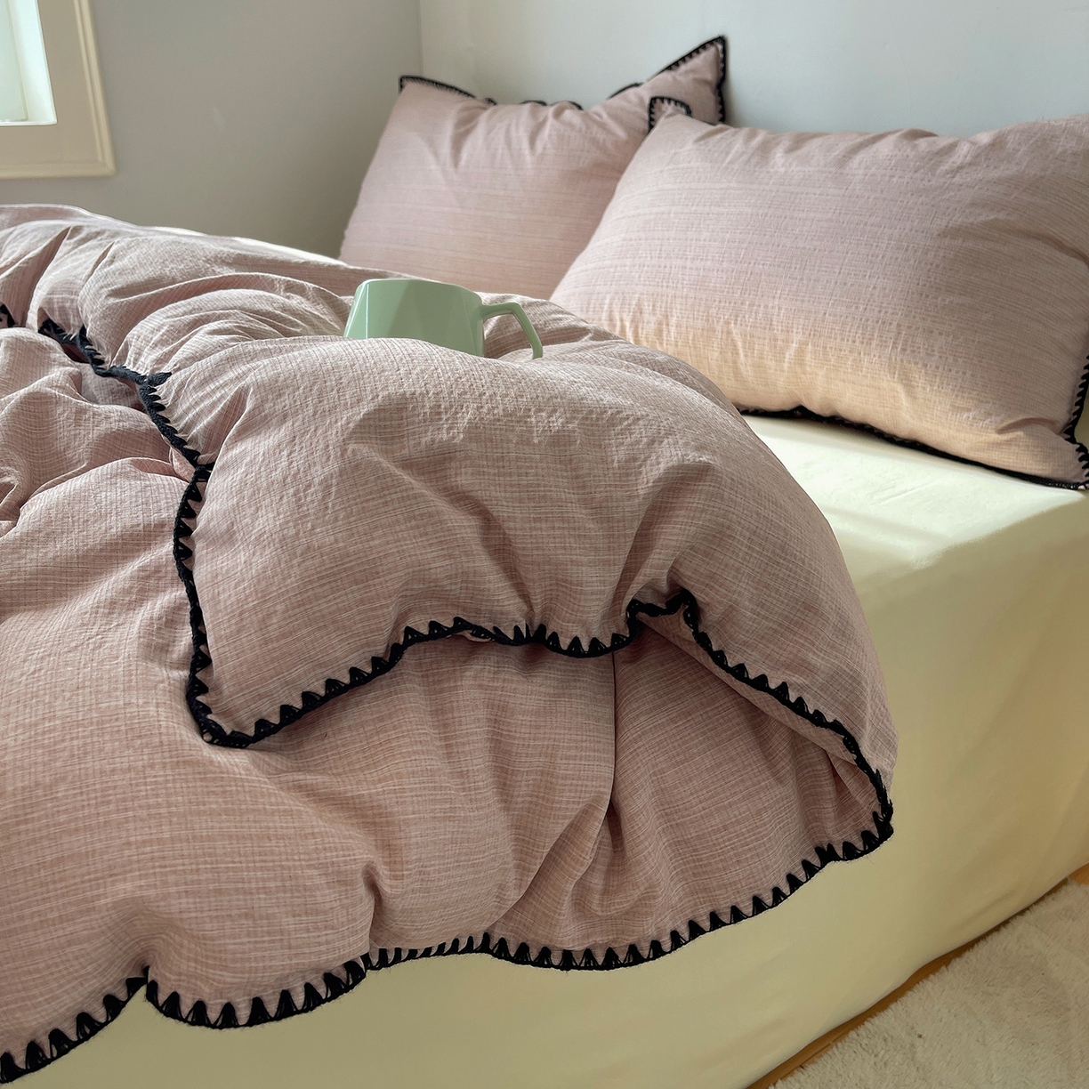 91家纺网 家纺一手货源 找家纺 凯洛奇 2026新款色织阳离子贝壳边四件套 阳离子-樱粉