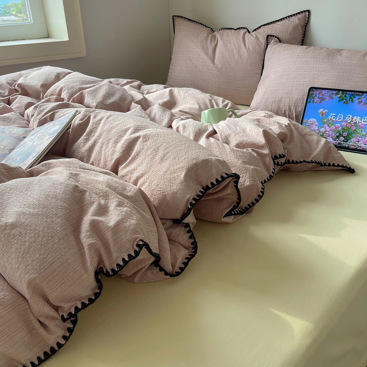 91家纺网 家纺一手货源 找家纺 凯洛奇 2026新款色织阳离子贝壳边四件套 阳离子-樱粉