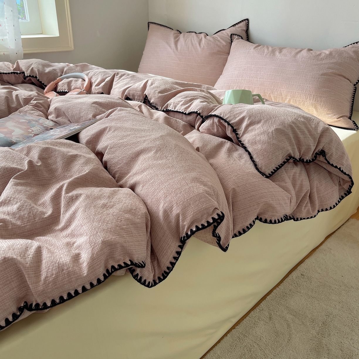 91家纺网 家纺一手货源 找家纺 凯洛奇 2026新款色织阳离子贝壳边四件套 阳离子-樱粉