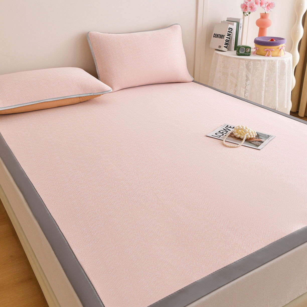 91家纺网 家纺一手货源 找家纺 金艾草 2026新款PE冰豆豆席凉感凉席单件席子平铺款 豆豆凉席-粉色