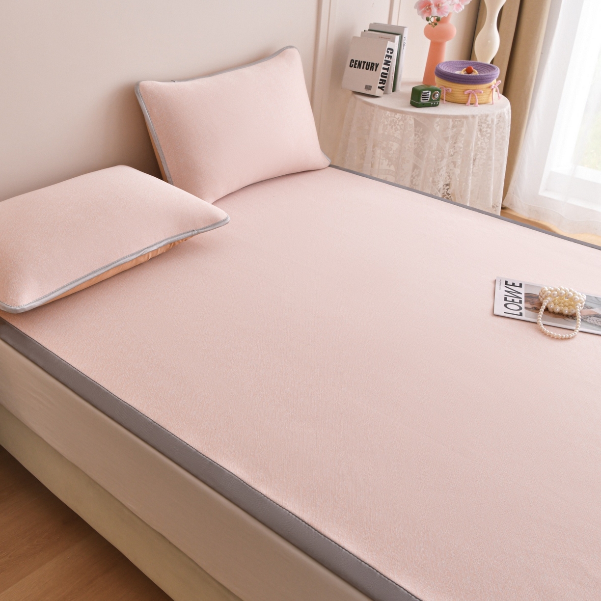 91家纺网 家纺一手货源 找家纺 金艾草 2026新款PE冰豆豆席凉感凉席单件席子平铺款 豆豆凉席-粉色