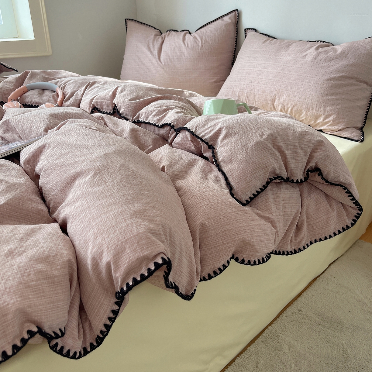 91家纺网 家纺一手货源 找家纺 凯洛奇 2026新款色织阳离子贝壳边四件套 阳离子-樱粉