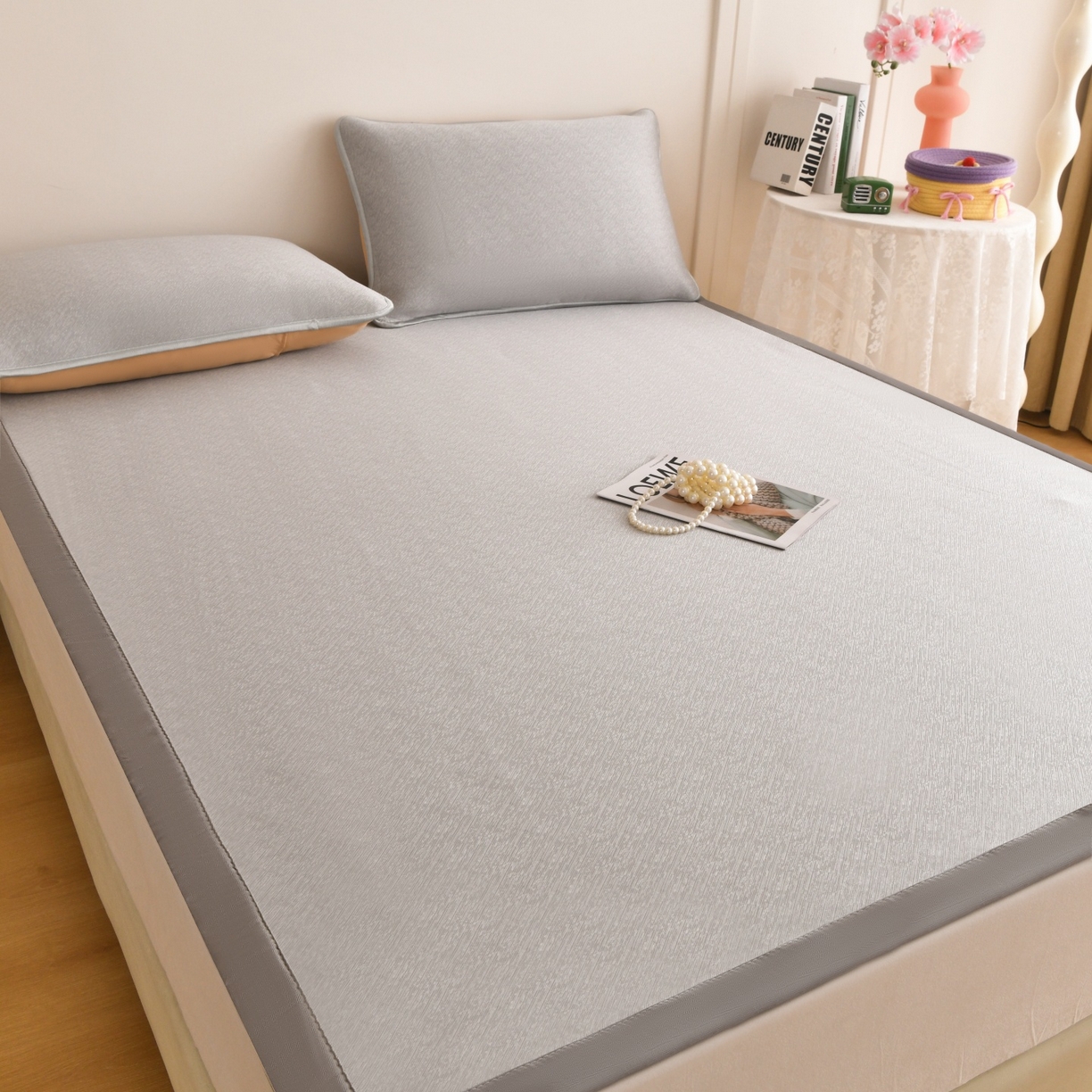 91家纺网 家纺一手货源 找家纺 金艾草 2026新款PE冰豆豆席凉感凉席单件席子平铺款 豆豆凉席-灰色