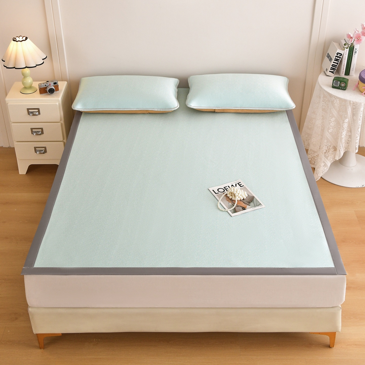 91家纺网 家纺一手货源 找家纺 金艾草 2026新款PE冰豆豆席凉感凉席单件席子平铺款 豆豆凉席-浅蓝