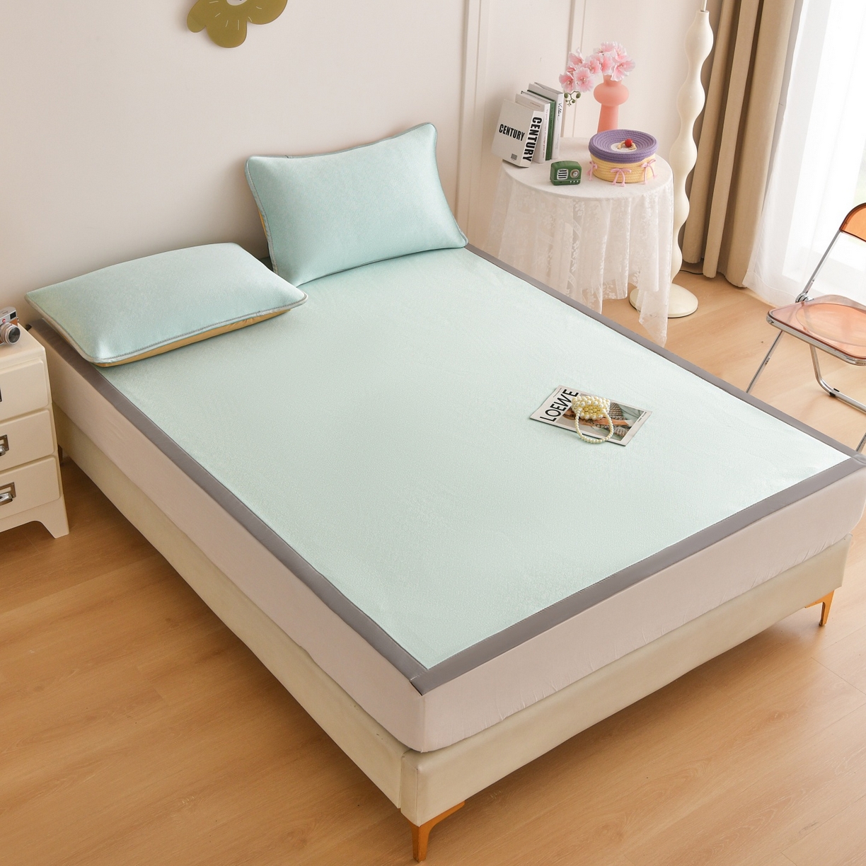 91家纺网 家纺一手货源 找家纺 金艾草 2026新款PE冰豆豆席凉感凉席单件席子平铺款 豆豆凉席-浅蓝