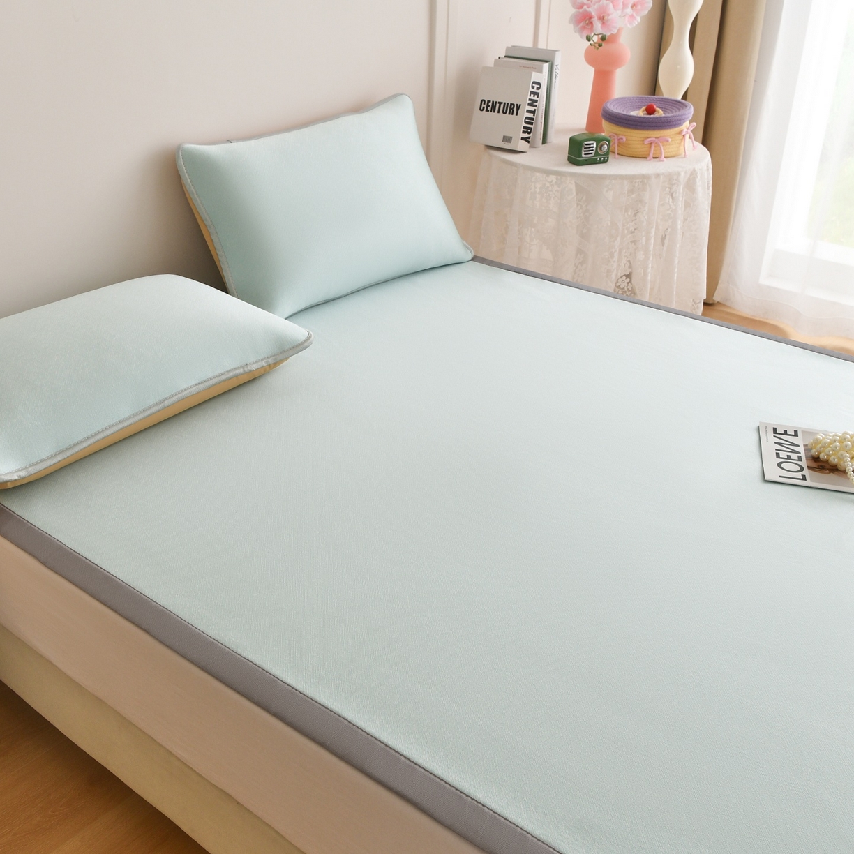 91家纺网 家纺一手货源 找家纺 金艾草 2026新款PE冰豆豆席凉感凉席单件席子平铺款 豆豆凉席-浅蓝