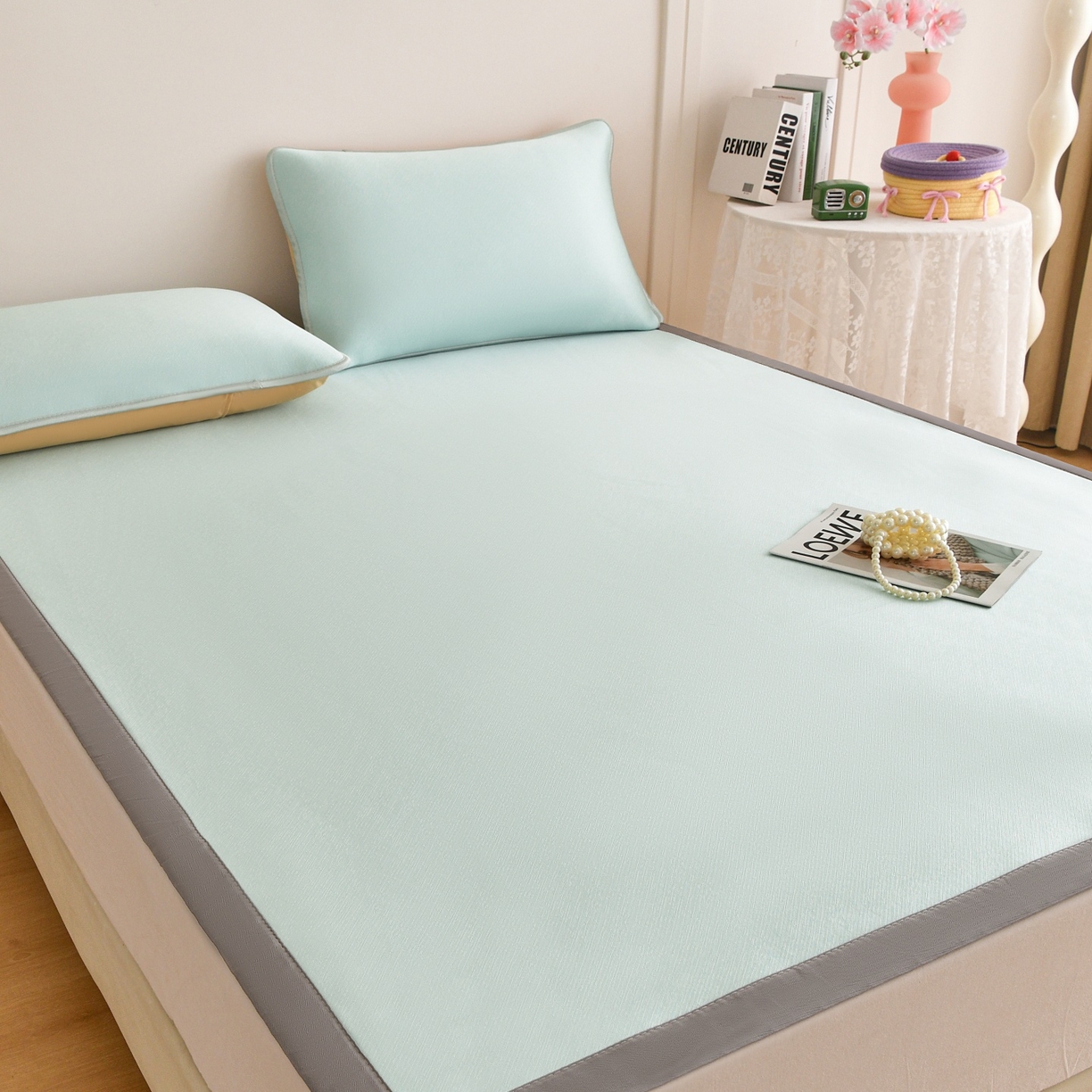 91家纺网 家纺一手货源 找家纺 金艾草 2026新款PE冰豆豆席凉感凉席单件席子平铺款 豆豆凉席-浅蓝