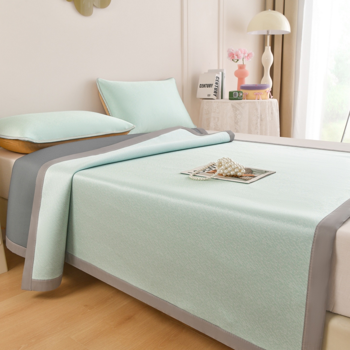 91家纺网 家纺一手货源 找家纺 金艾草 2026新款PE冰豆豆席凉感凉席单件席子平铺款 豆豆凉席-浅蓝