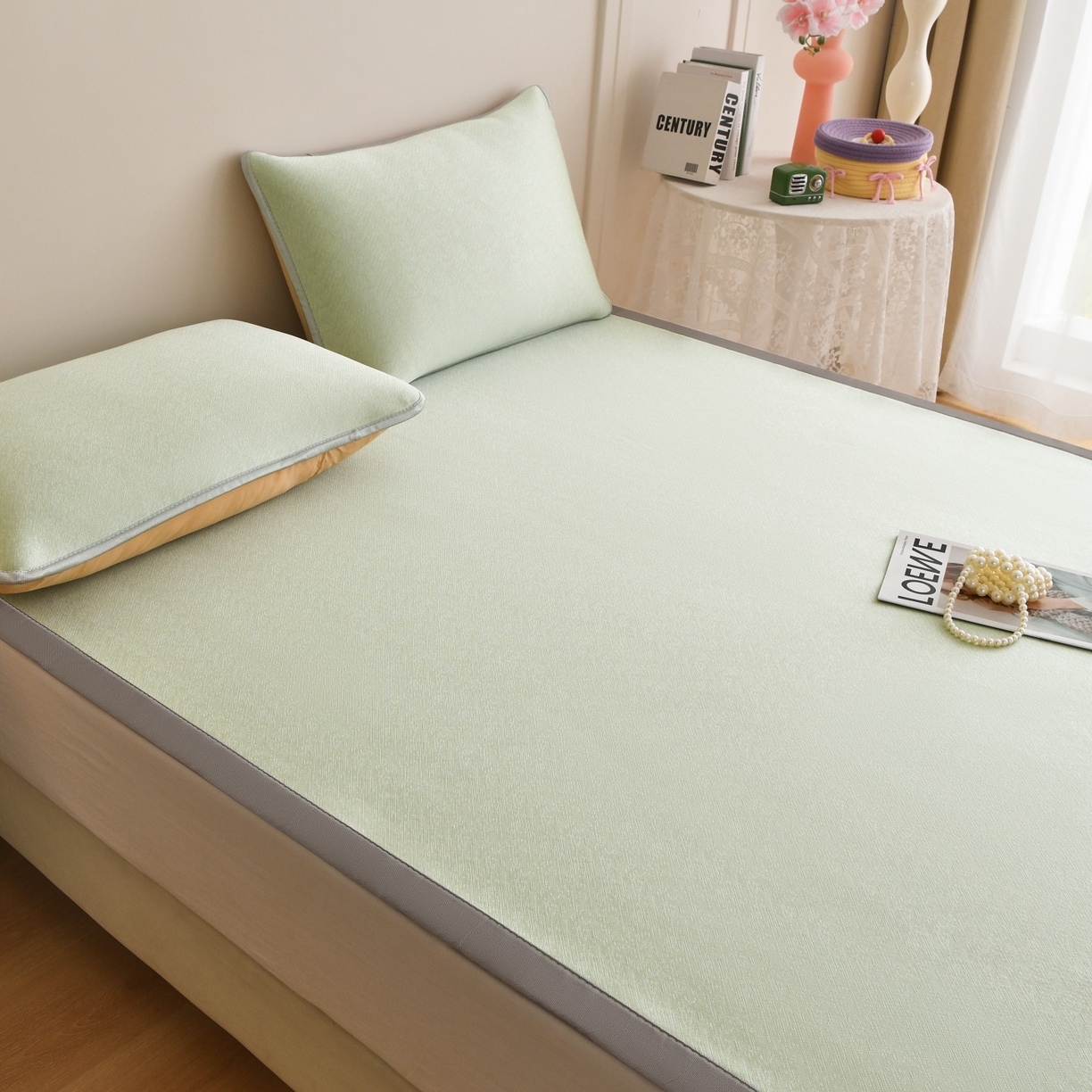 91家纺网 家纺一手货源 找家纺 金艾草 2026新款PE冰豆豆席凉感凉席单件席子平铺款 豆豆凉席-浅绿