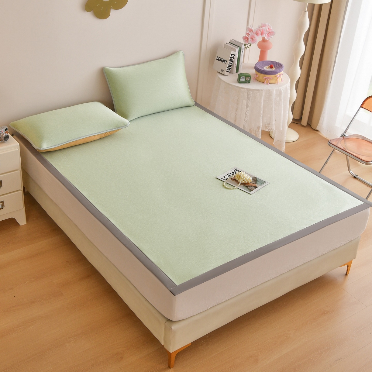 91家纺网 家纺一手货源 找家纺 金艾草 2026新款PE冰豆豆席凉感凉席单件席子平铺款 豆豆凉席-浅绿