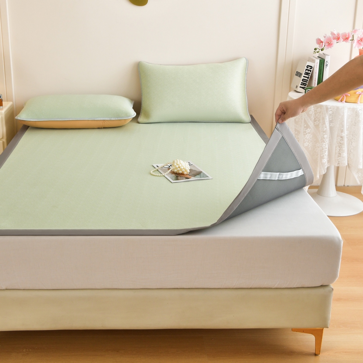 91家纺网 家纺一手货源 找家纺 金艾草 2026新款PE冰豆豆席凉感凉席单件席子平铺款 豆豆凉席-浅绿