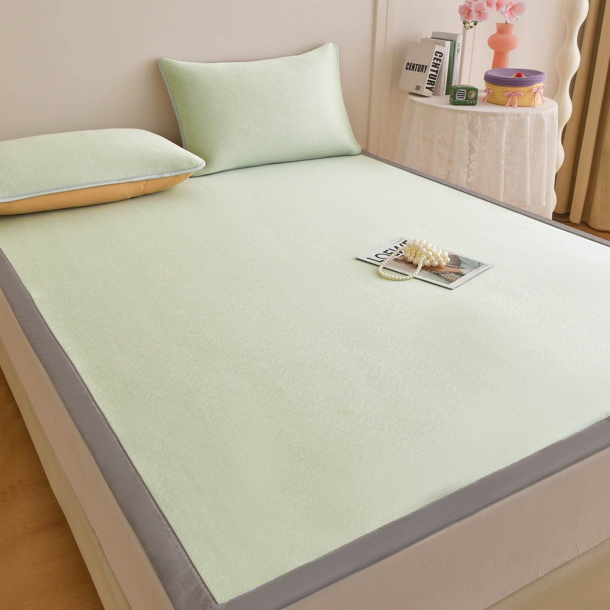 91家纺网 家纺一手货源 找家纺 金艾草 2026新款PE冰豆豆席凉感凉席单件席子平铺款 豆豆凉席-浅绿