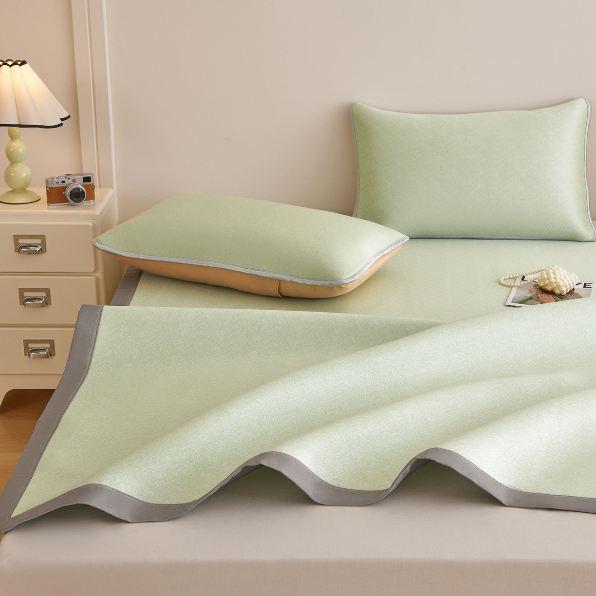 91家纺网 家纺一手货源 找家纺 金艾草 2026新款PE冰豆豆席凉感凉席单件席子平铺款 豆豆凉席-浅绿