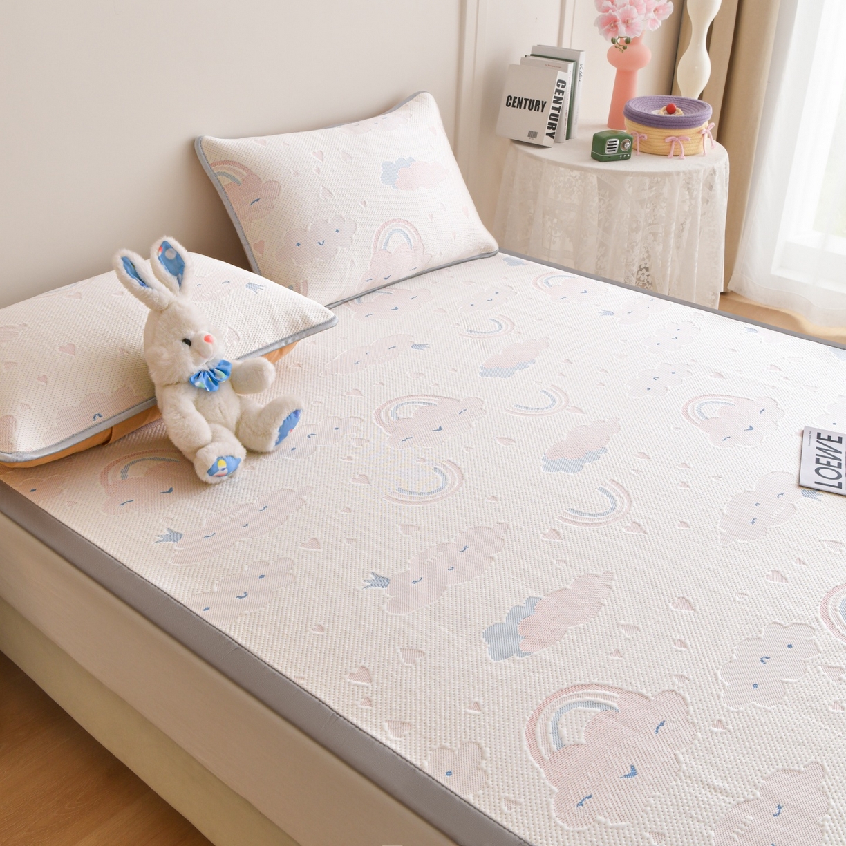 91家纺网 家纺一手货源 找家纺 金艾草 2026新款PE冰豆豆席凉感凉席单件席子平铺款 凉豆豆凉席-彩云粉