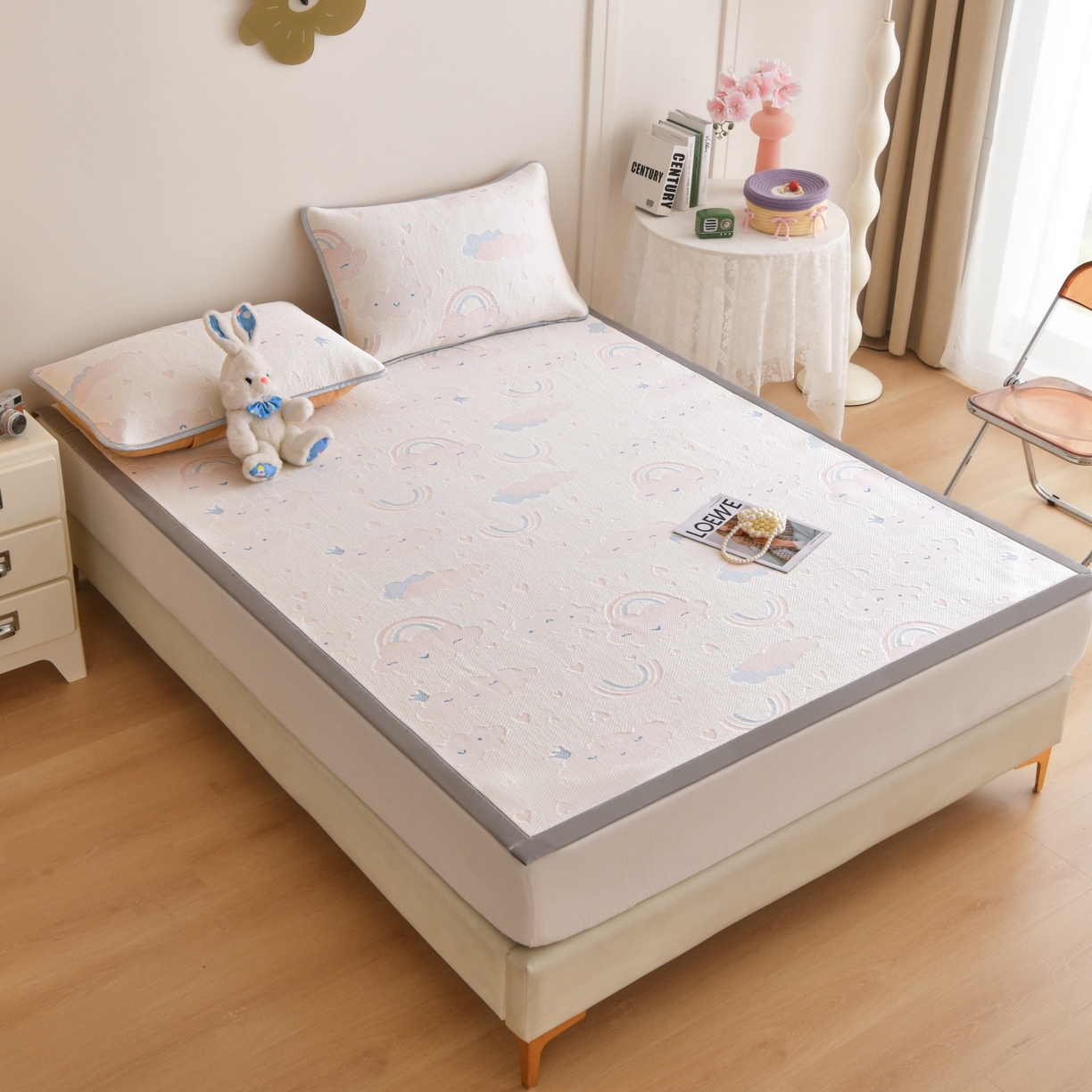 91家纺网 家纺一手货源 找家纺 金艾草 2026新款PE冰豆豆席凉感凉席单件席子平铺款 凉豆豆凉席-彩云粉