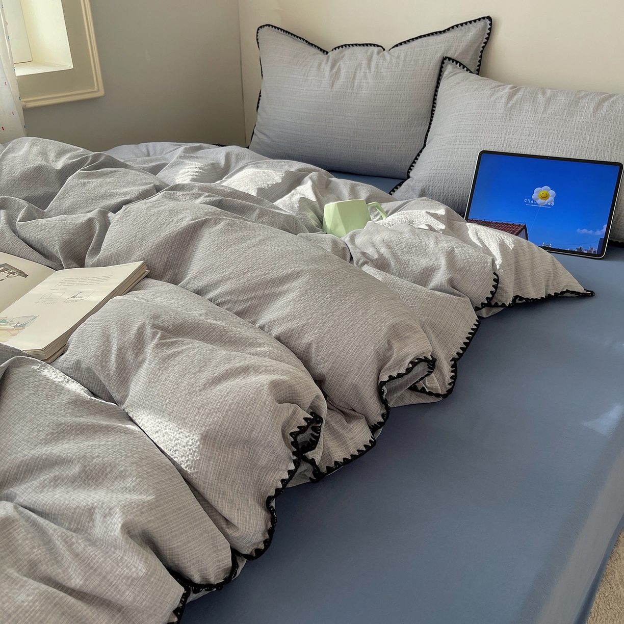 91家纺网 家纺一手货源 找家纺 凯洛奇 2026新款色织阳离子贝壳边四件套 阳离子-云灰