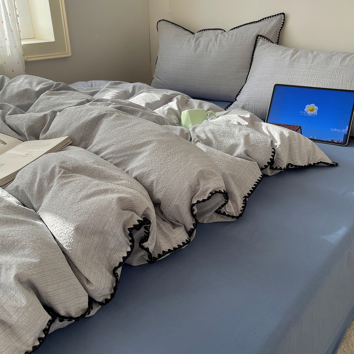 91家纺网 家纺一手货源 找家纺 凯洛奇 2026新款色织阳离子贝壳边四件套 阳离子-云灰