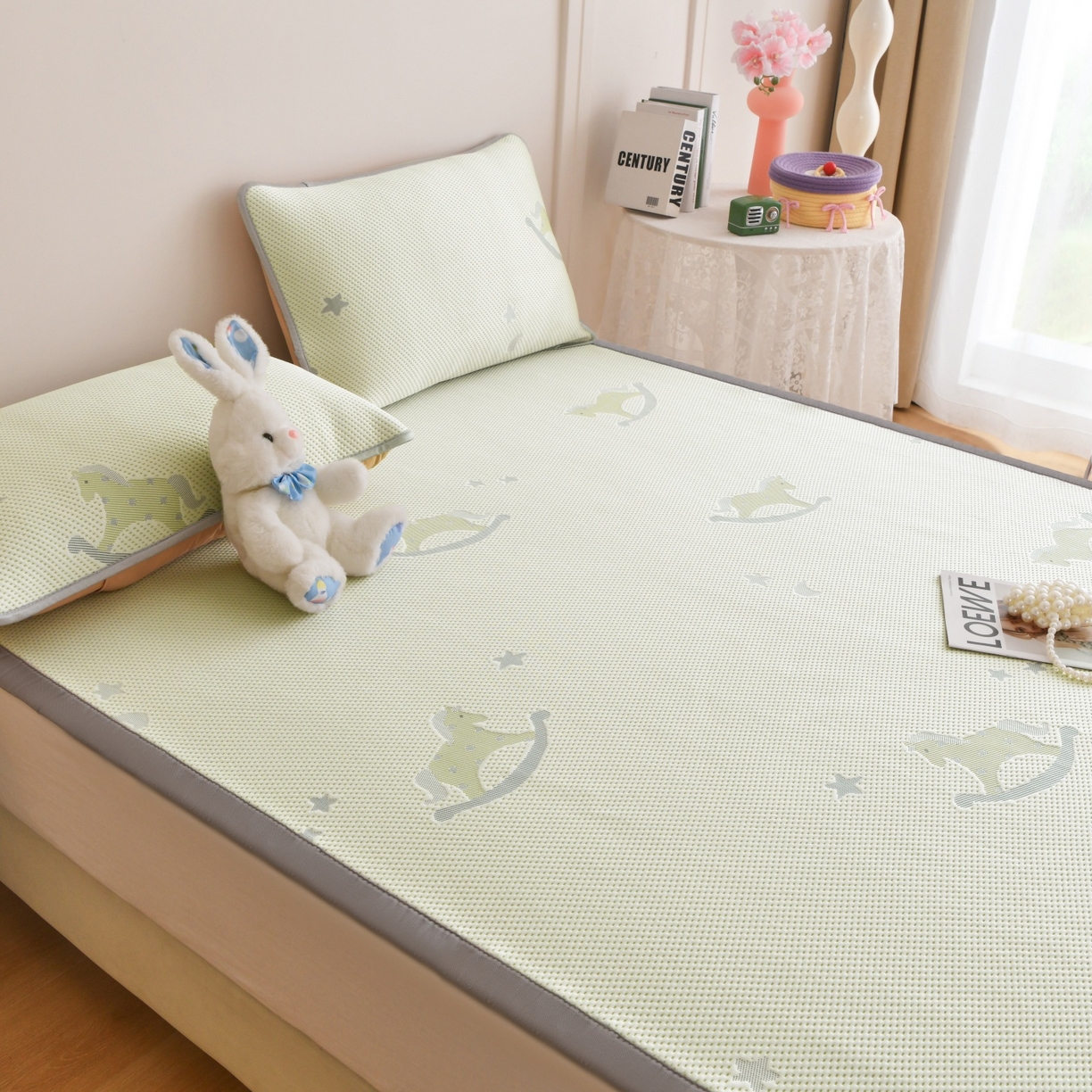 91家纺网 家纺一手货源 找家纺 金艾草 2026新款PE冰豆豆席凉感凉席单件席子平铺款 凉豆豆凉席-小马绿