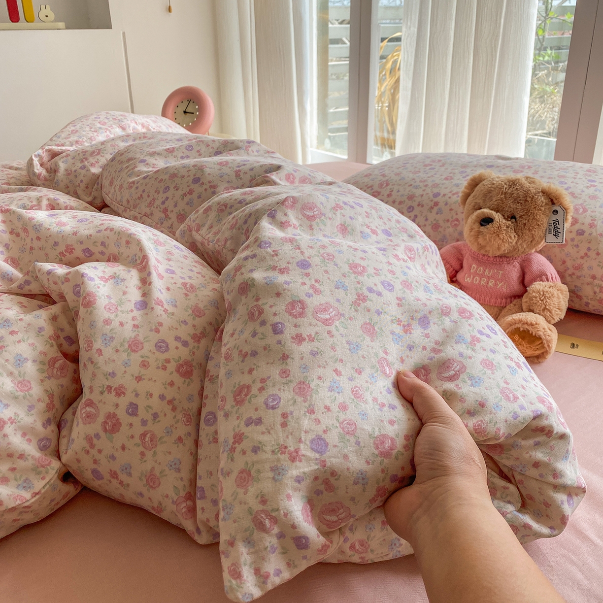 91家纺网 家纺一手货源 找家纺 尚品本色 2026新款全棉纯棉双层纱印花刺绣四件套 花镜花开