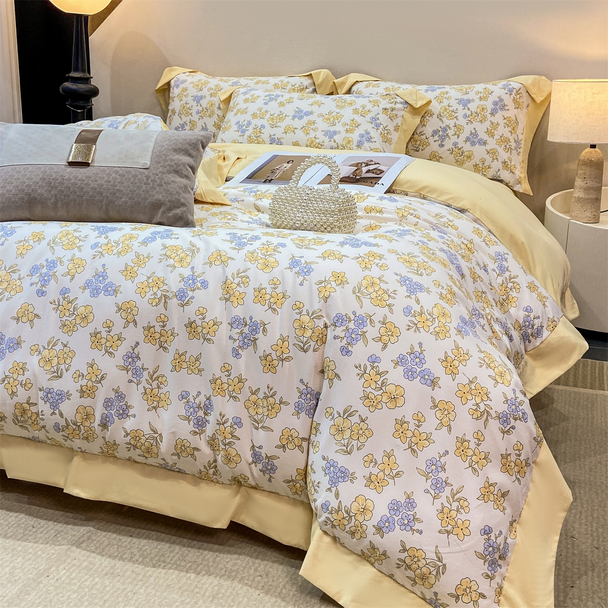 91家纺网 家纺一手货源 找家纺 （总）慕木家纺 2026新款A类印花拼角工艺慕斯棉四件套系列（抽空压缩可供跨境）提供买家秀