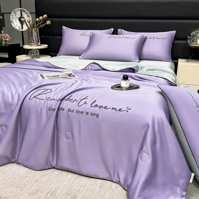 91家纺网 家纺一手货源 找家纺 云恋家纺 2026新款轻奢高级感水洗冰丝刺绣夏凉被凉感可裸睡空调被四件套学生薄款被-一生所爱系列 一生所爱-优雅紫+银灰