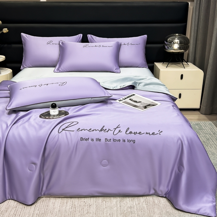 91家纺网 家纺一手货源 找家纺 云恋家纺 2026新款轻奢高级感水洗冰丝刺绣夏凉被凉感可裸睡空调被四件套学生薄款被-一生所爱系列 一生所爱-优雅紫+银灰