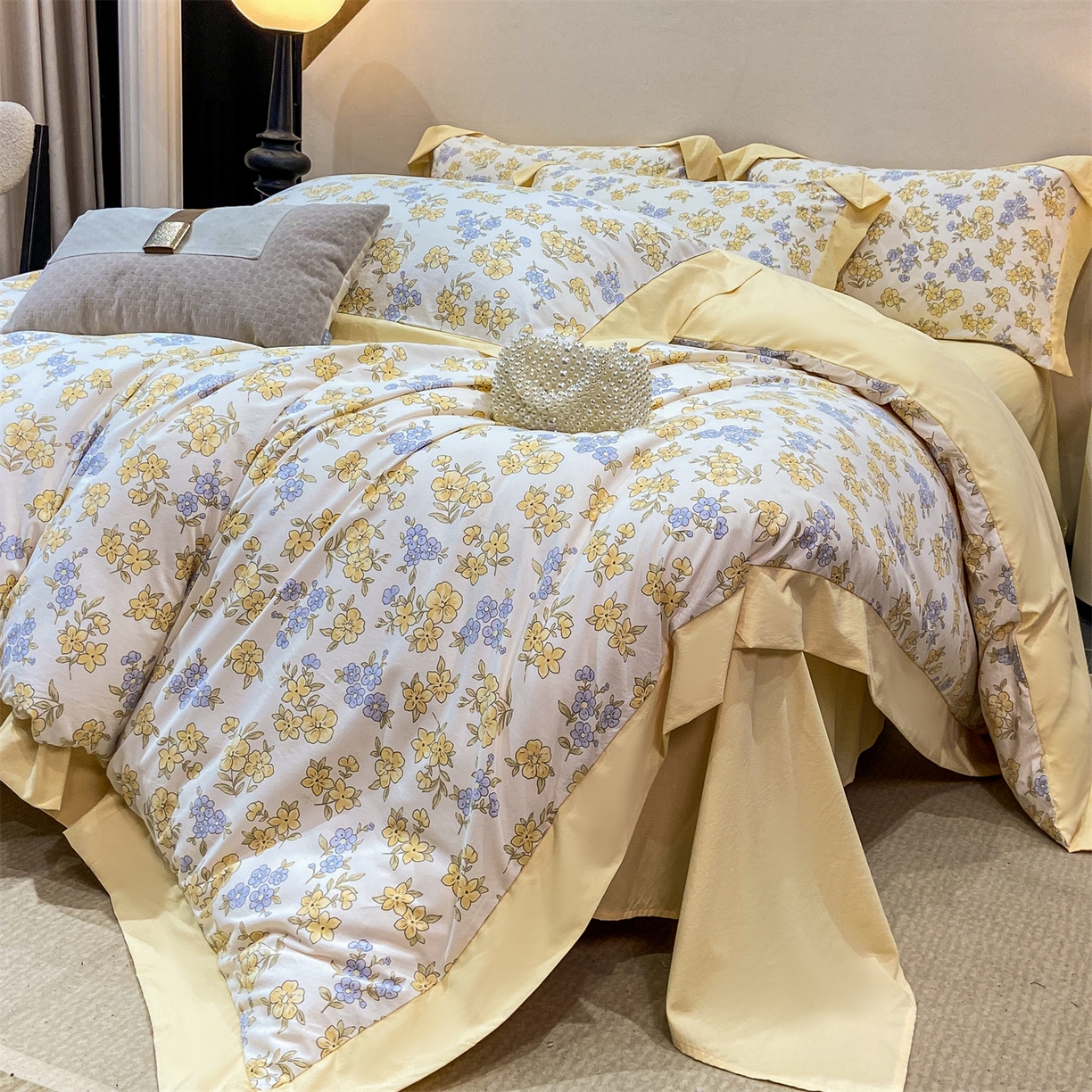 91家纺网 家纺一手货源 找家纺 （总）慕木家纺 2026新款A类印花拼角工艺慕斯棉四件套系列（抽空压缩可供跨境）提供买家秀