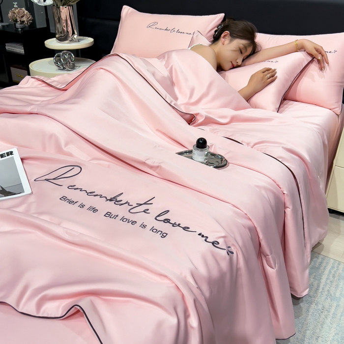 云恋家纺 2026新款轻奢高级感水洗冰丝刺绣夏凉被凉感可裸睡空调被四件套学生薄款被-一生所爱系列 一生所爱-樱花粉
