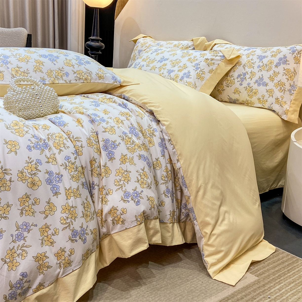 91家纺网 家纺一手货源 找家纺 （总）慕木家纺 2026新款A类印花拼角工艺慕斯棉四件套系列（抽空压缩可供跨境）提供买家秀