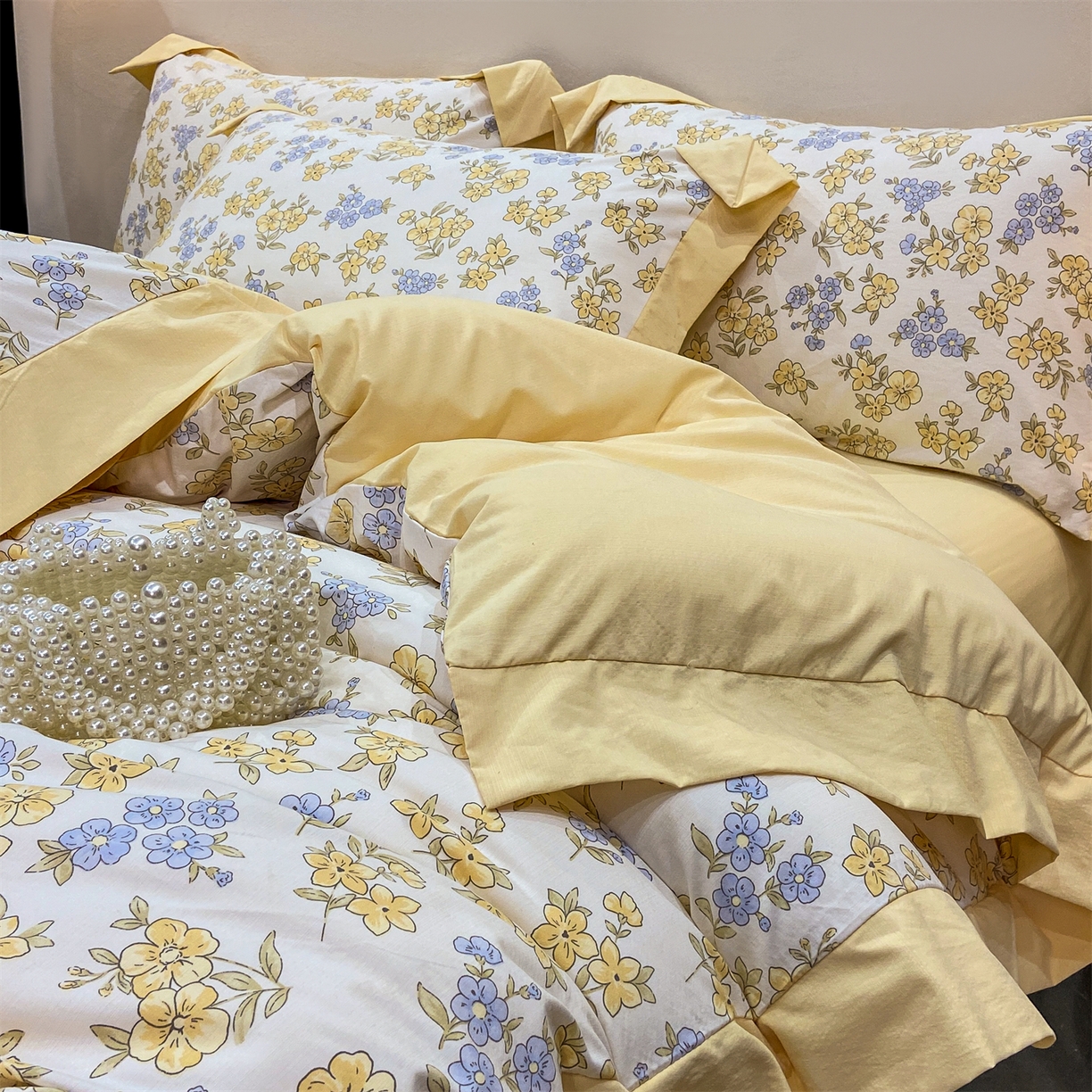 91家纺网 家纺一手货源 找家纺 （总）慕木家纺 2026新款A类印花拼角工艺慕斯棉四件套系列（抽空压缩可供跨境）提供买家秀