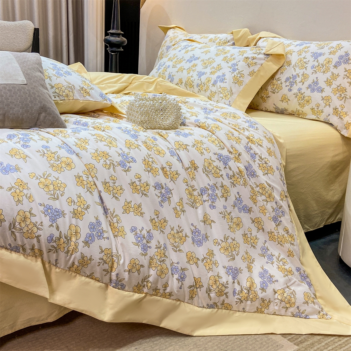 91家纺网 家纺一手货源 找家纺 （总）慕木家纺 2026新款A类印花拼角工艺慕斯棉四件套系列（抽空压缩可供跨境）提供买家秀