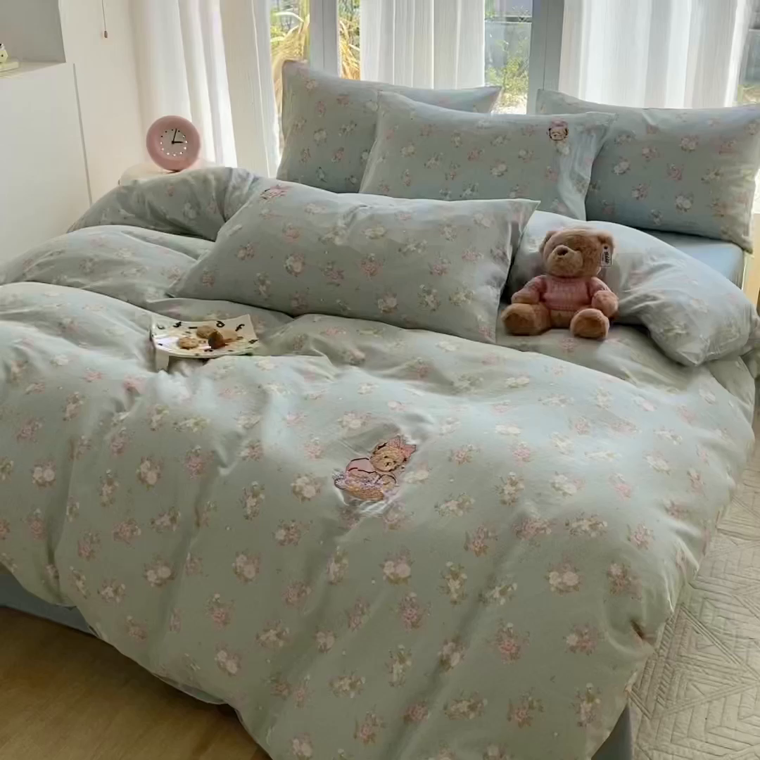 91家纺网 家纺一手货源 找家纺 尚品本色 2026新款全棉纯棉双层纱印花刺绣四件套 兰溪